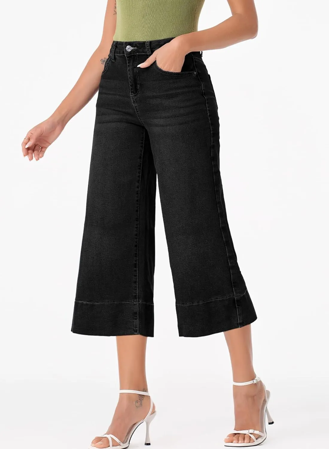 EVALESS Wide Leg Jeans for Women High Waisted Capri Pants Trendy Stretchy Straight Baggy Denim Pants