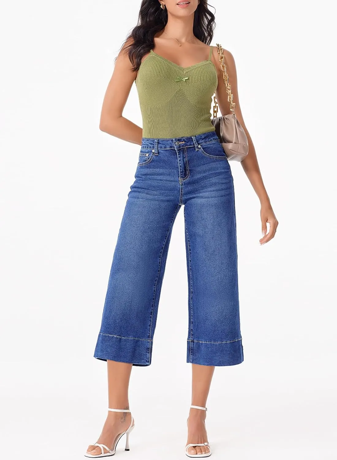 EVALESS Wide Leg Jeans for Women High Waisted Capri Pants Trendy Stretchy Straight Baggy Denim Pants