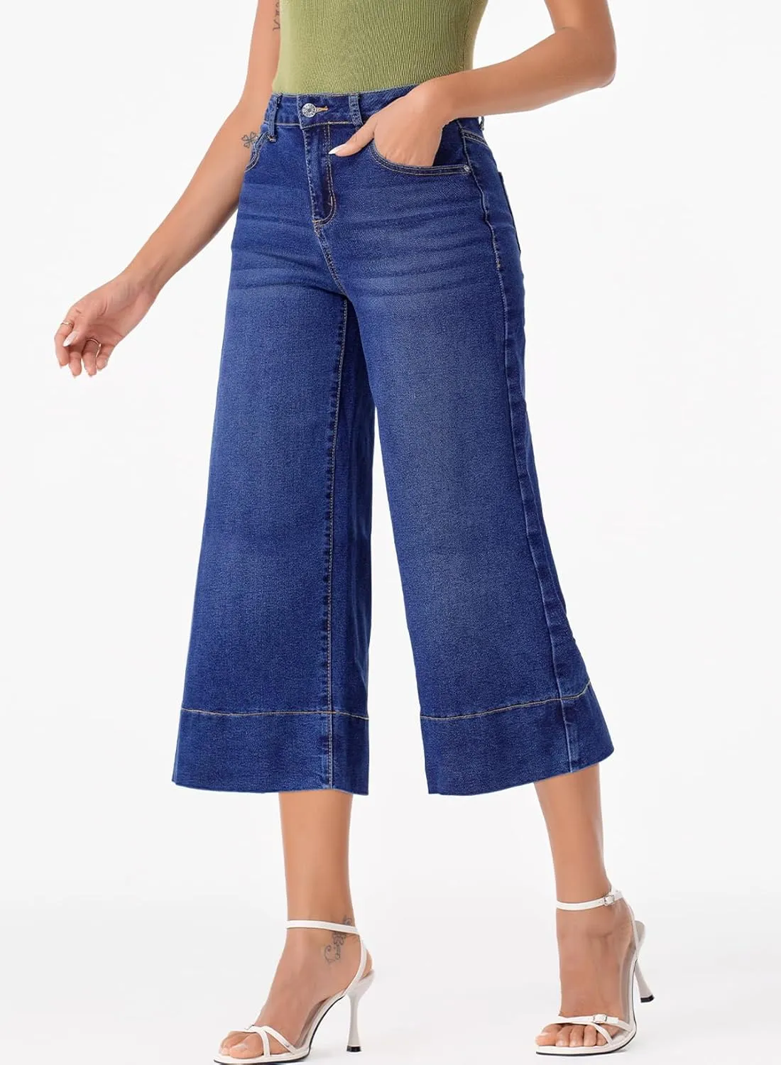 EVALESS Wide Leg Jeans for Women High Waisted Capri Pants Trendy Stretchy Straight Baggy Denim Pants