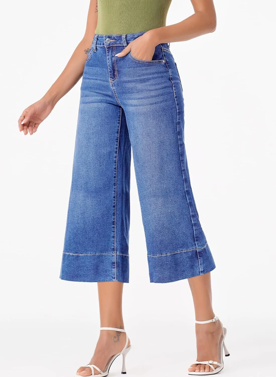 EVALESS Wide Leg Jeans for Women High Waisted Capri Pants Trendy Stretchy Straight Baggy Denim Pants