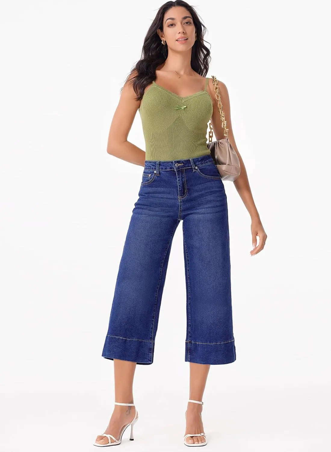 EVALESS Wide Leg Jeans for Women High Waisted Capri Pants Trendy Stretchy Straight Baggy Denim Pants