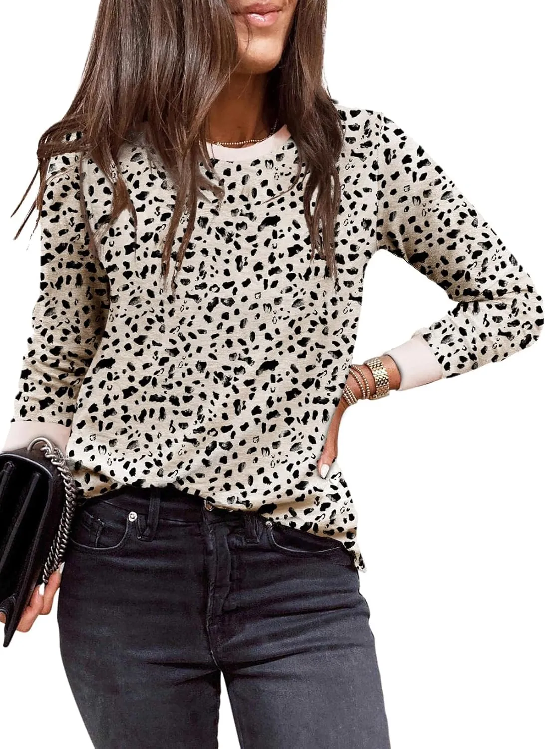 EVALESS Womens Crewneck Long Sleeve Tops Casual Polka Dots Tops Spring Summer 2025 Tshirts Shirts