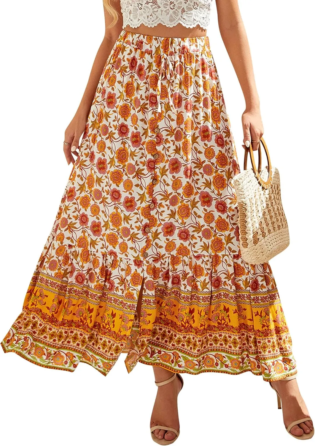 Ezcosplay Women Floral Elastic Waist Maxi Skirt Button Front Split Hem Boho Skirt