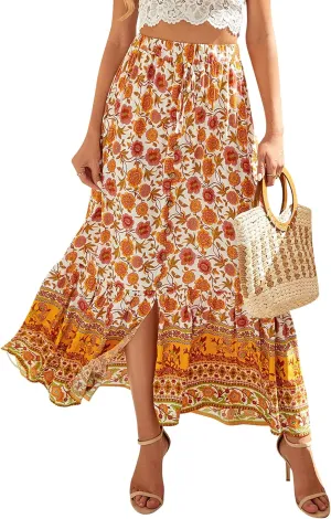 Ezcosplay Women Floral Elastic Waist Maxi Skirt Button Front Split Hem Boho Skirt