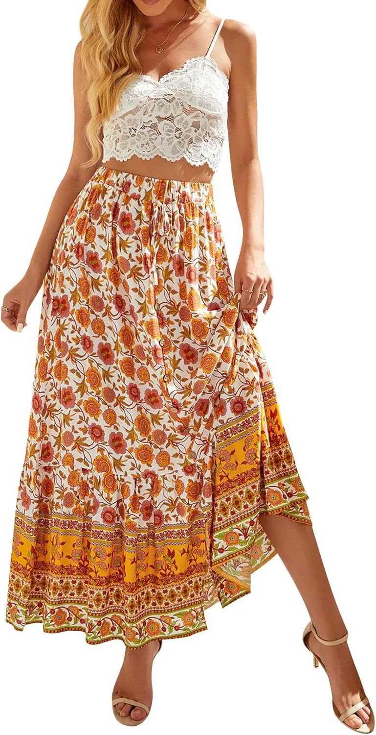 Ezcosplay Women Floral Elastic Waist Maxi Skirt Button Front Split Hem Boho Skirt