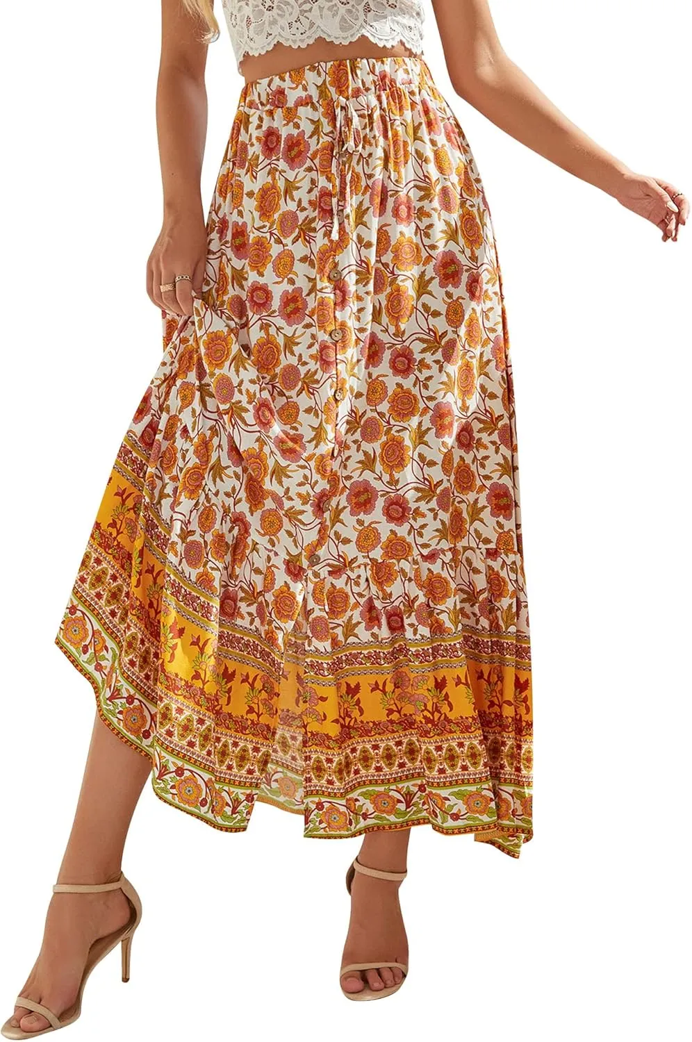 Ezcosplay Women Floral Elastic Waist Maxi Skirt Button Front Split Hem Boho Skirt