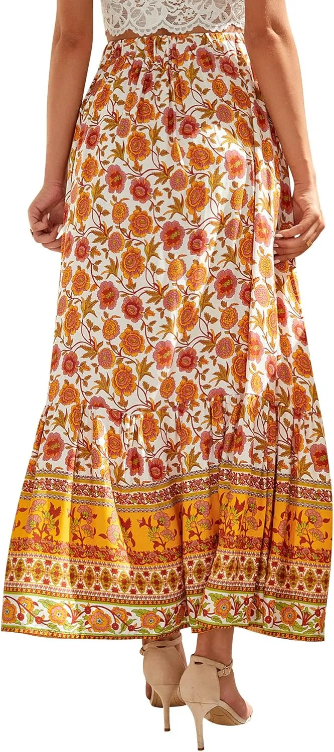 Ezcosplay Women Floral Elastic Waist Maxi Skirt Button Front Split Hem Boho Skirt