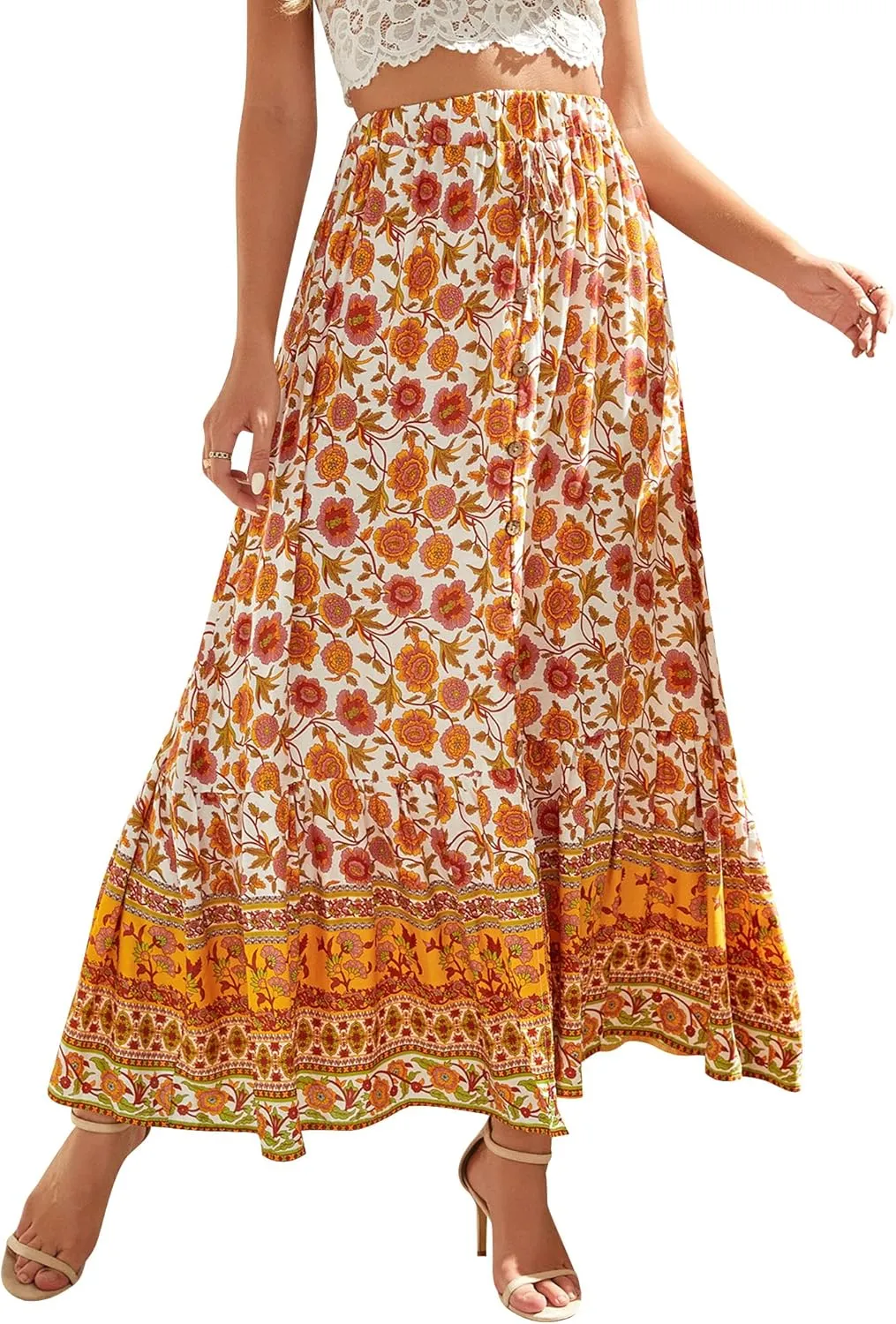 Ezcosplay Women Floral Elastic Waist Maxi Skirt Button Front Split Hem Boho Skirt