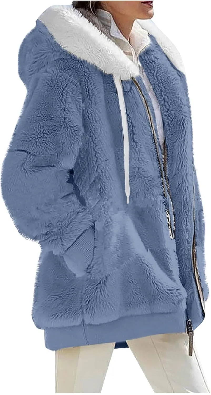 Fall Outfits for Women Zipper Color Block Outerwear Long Sleeve Fleece Plush Stitching Coats Warm Hooded Jacket