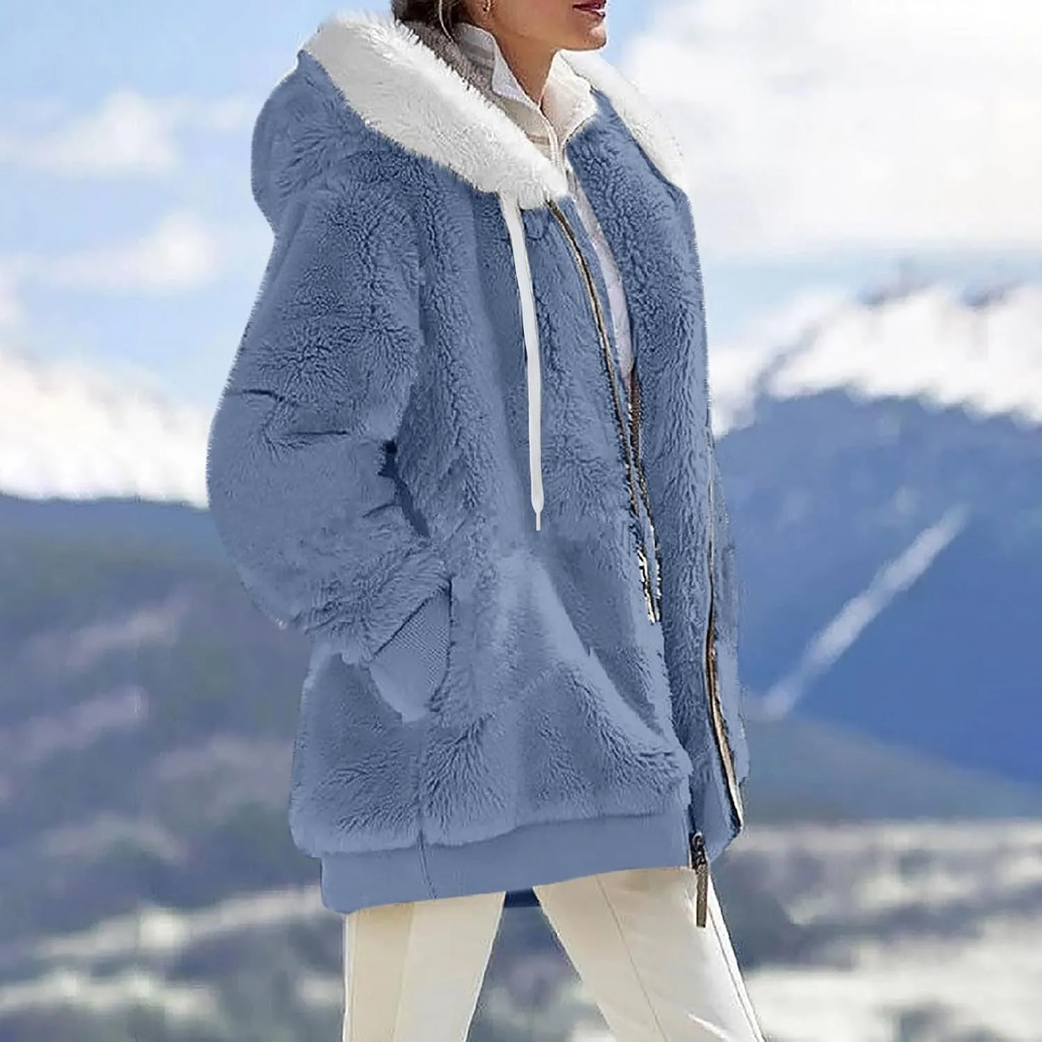 Fall Outfits for Women Zipper Color Block Outerwear Long Sleeve Fleece Plush Stitching Coats Warm Hooded Jacket