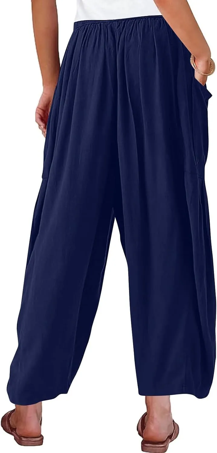 fanmpghleoo Women Linen Palazzo Pants Summer Boho Drawstring Low Waist Beach Harem Pants Casual Wide Leg Lounge Pant Trousers