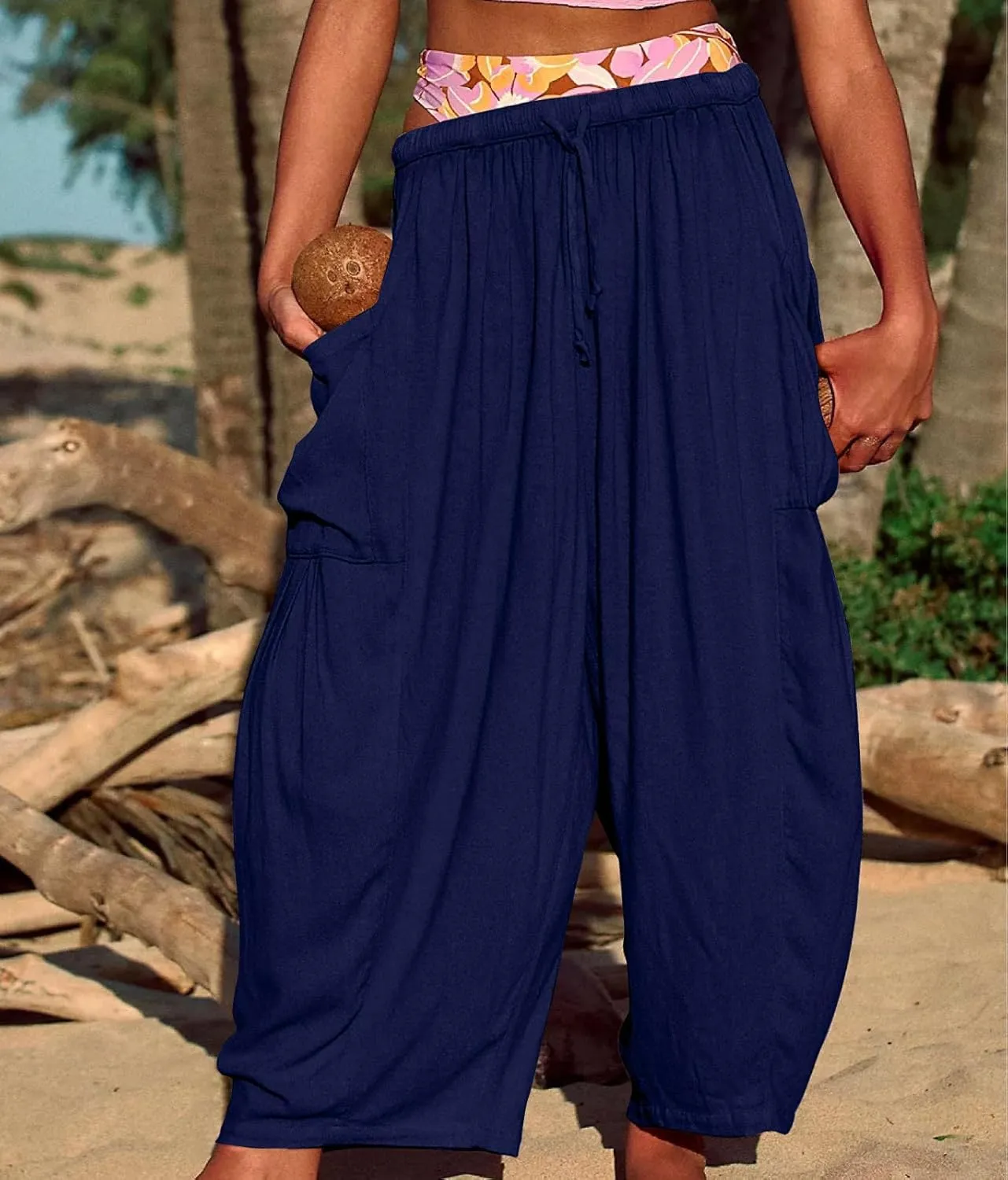 fanmpghleoo Women Linen Palazzo Pants Summer Boho Drawstring Low Waist Beach Harem Pants Casual Wide Leg Lounge Pant Trousers