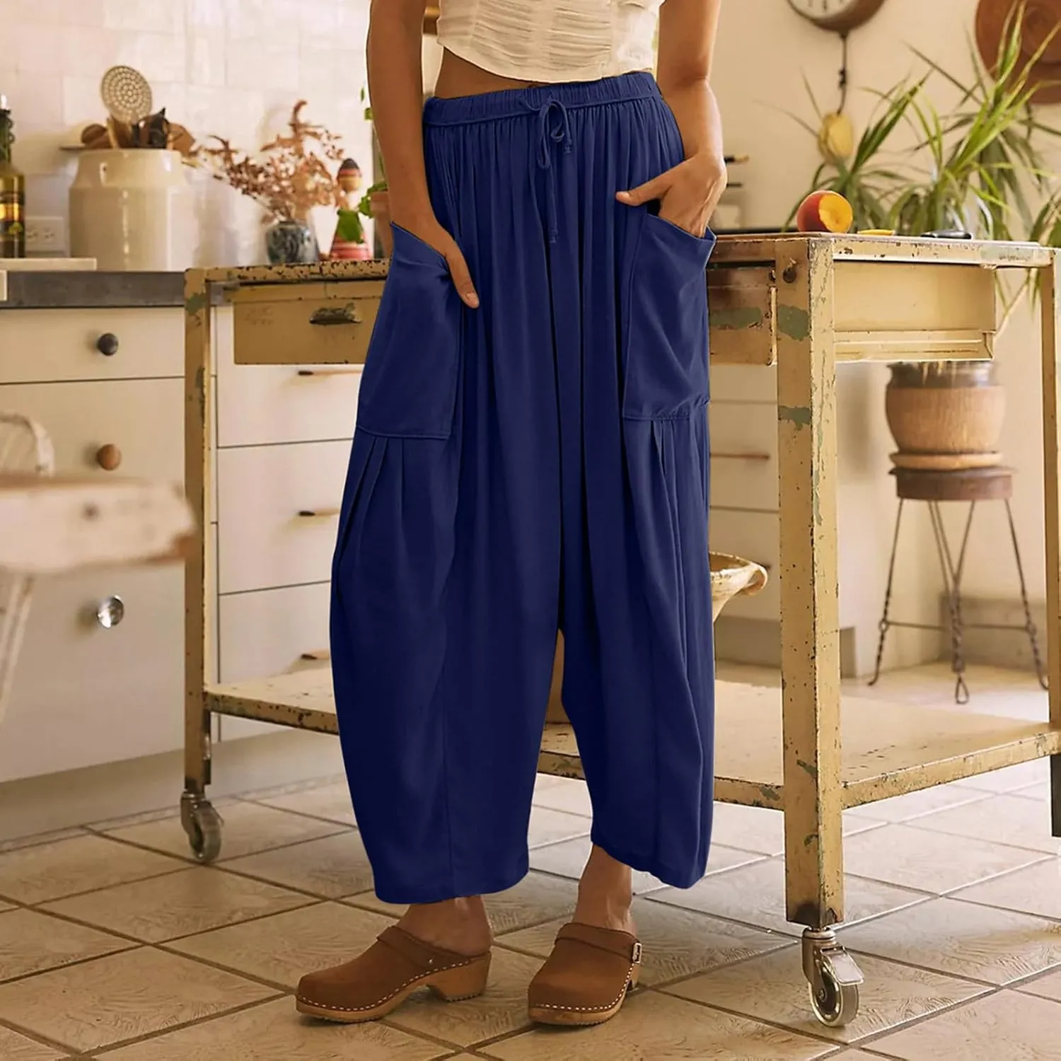 fanmpghleoo Women Linen Palazzo Pants Summer Boho Drawstring Low Waist Beach Harem Pants Casual Wide Leg Lounge Pant Trousers