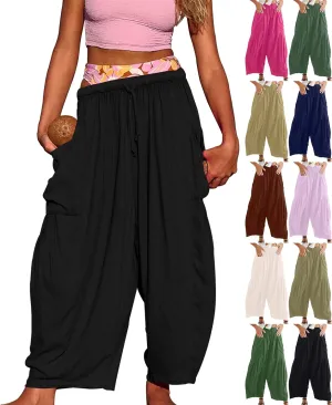 fanmpghleoo Women Linen Palazzo Pants Summer Boho Drawstring Low Waist Beach Harem Pants Casual Wide Leg Lounge Pant Trousers