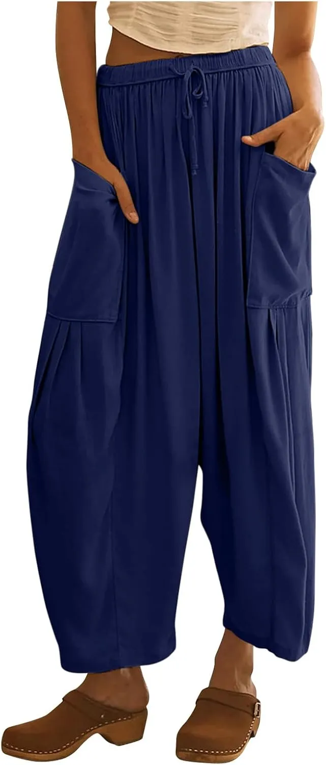 fanmpghleoo Women Linen Palazzo Pants Summer Boho Drawstring Low Waist Beach Harem Pants Casual Wide Leg Lounge Pant Trousers