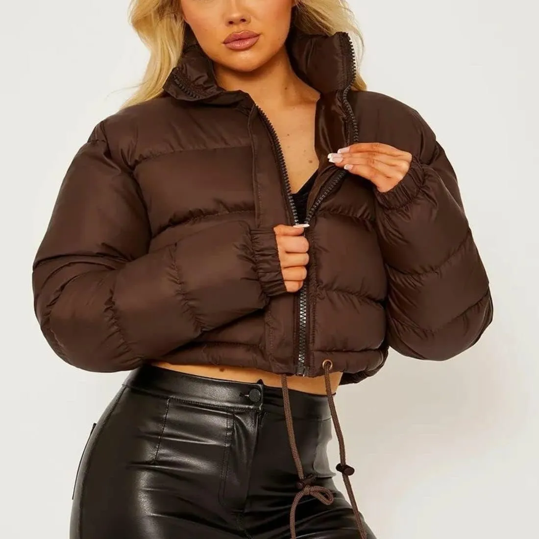 FindThy Womens Winter Cropped Puffer Jacket Classic Long Sleeve Stand Collar Padded Down Coats
