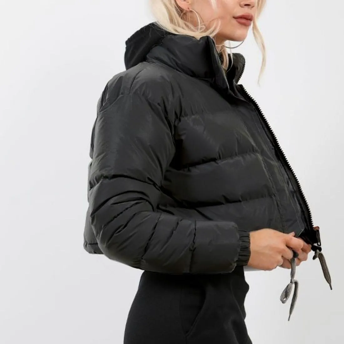 FindThy Womens Winter Cropped Puffer Jacket Classic Long Sleeve Stand Collar Padded Down Coats