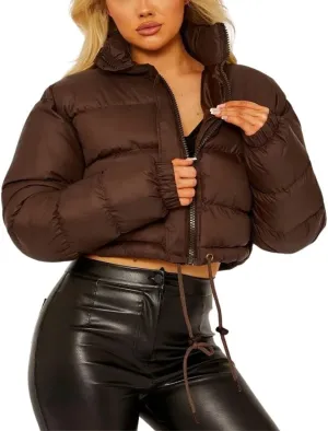 FindThy Womens Winter Cropped Puffer Jacket Classic Long Sleeve Stand Collar Padded Down Coats