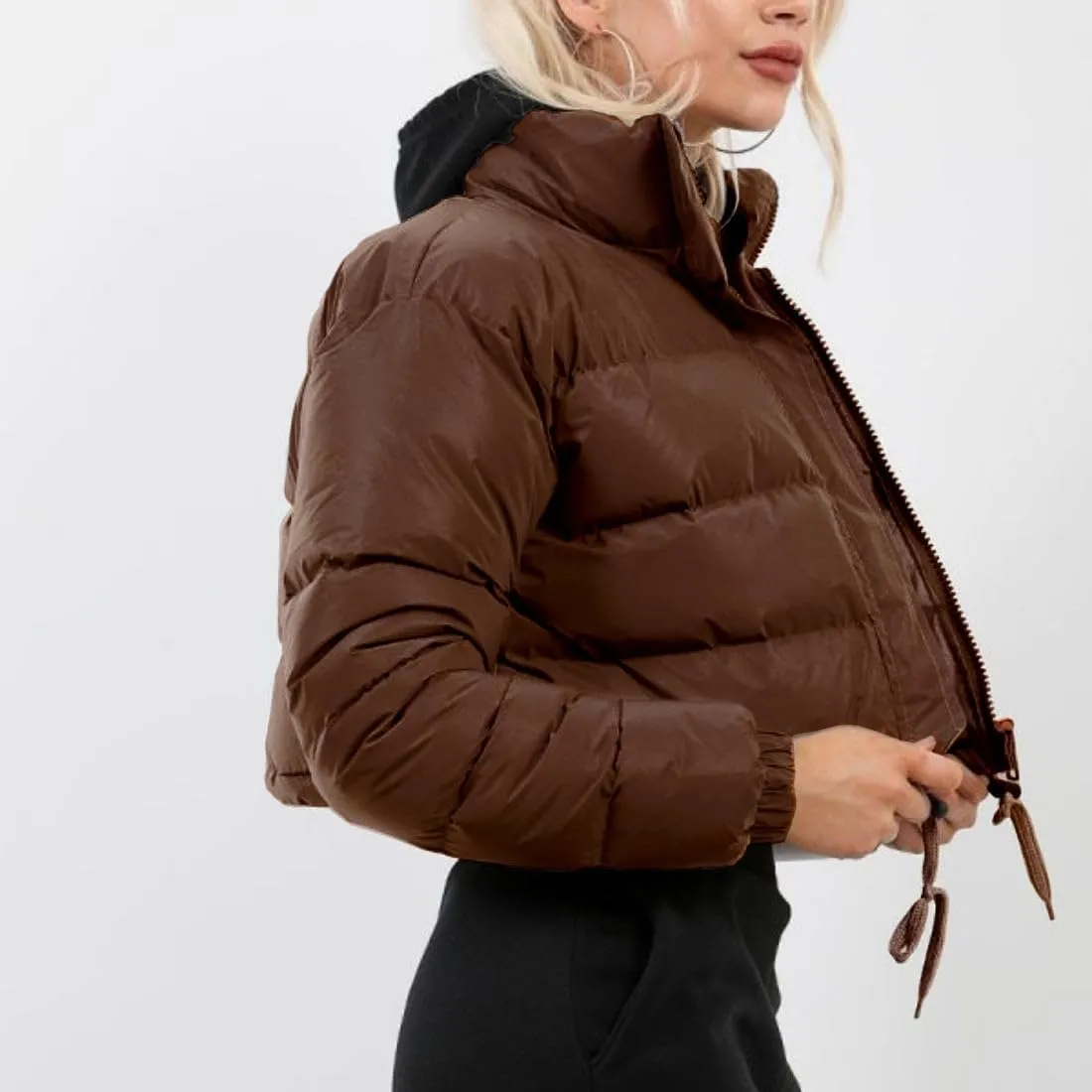 FindThy Womens Winter Cropped Puffer Jacket Classic Long Sleeve Stand Collar Padded Down Coats