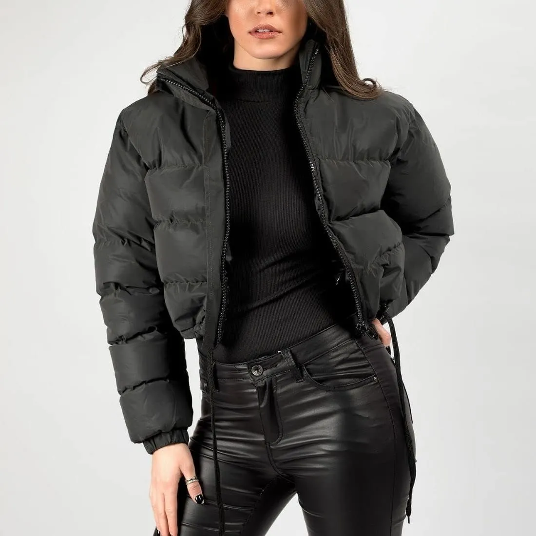 FindThy Womens Winter Cropped Puffer Jacket Classic Long Sleeve Stand Collar Padded Down Coats