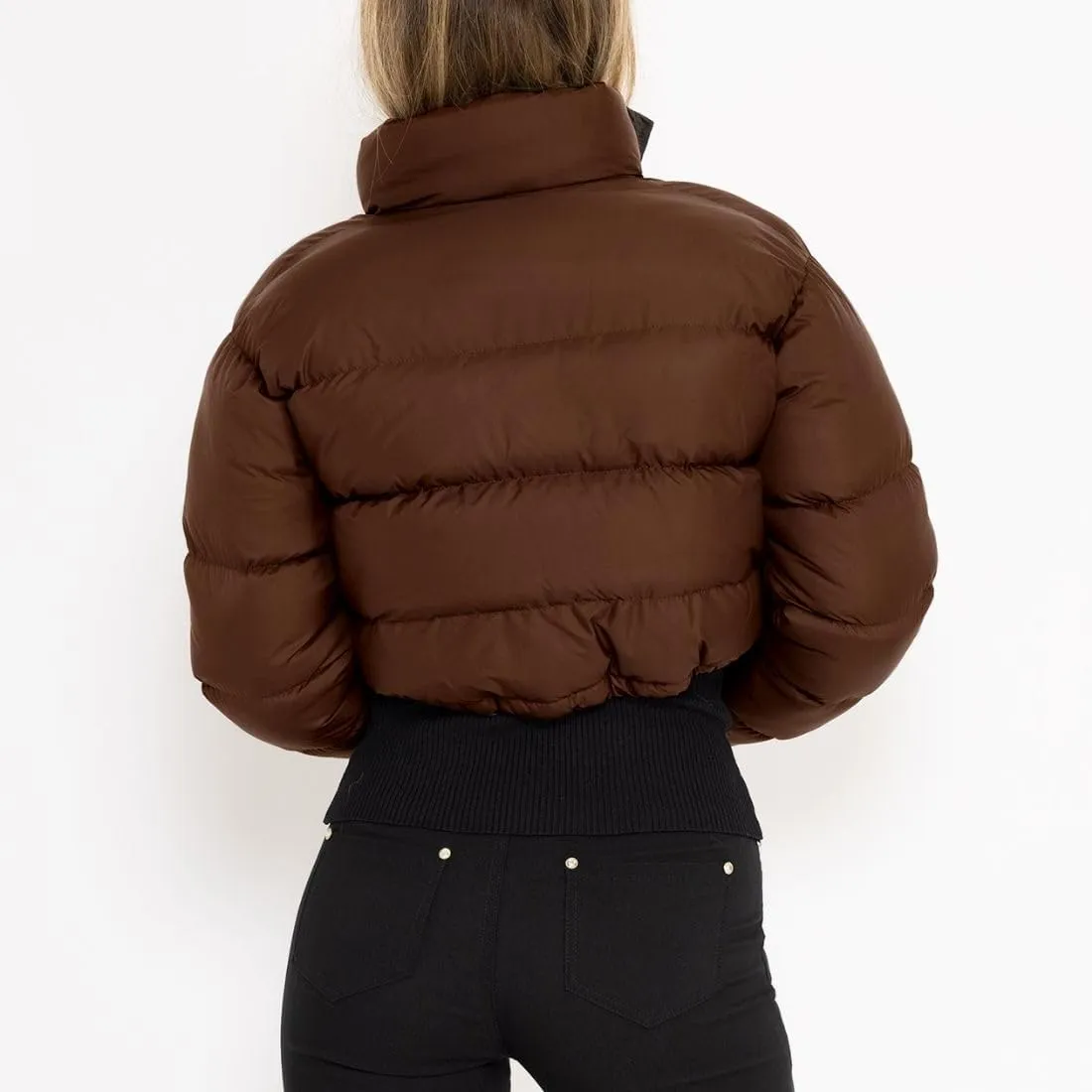 FindThy Womens Winter Cropped Puffer Jacket Classic Long Sleeve Stand Collar Padded Down Coats