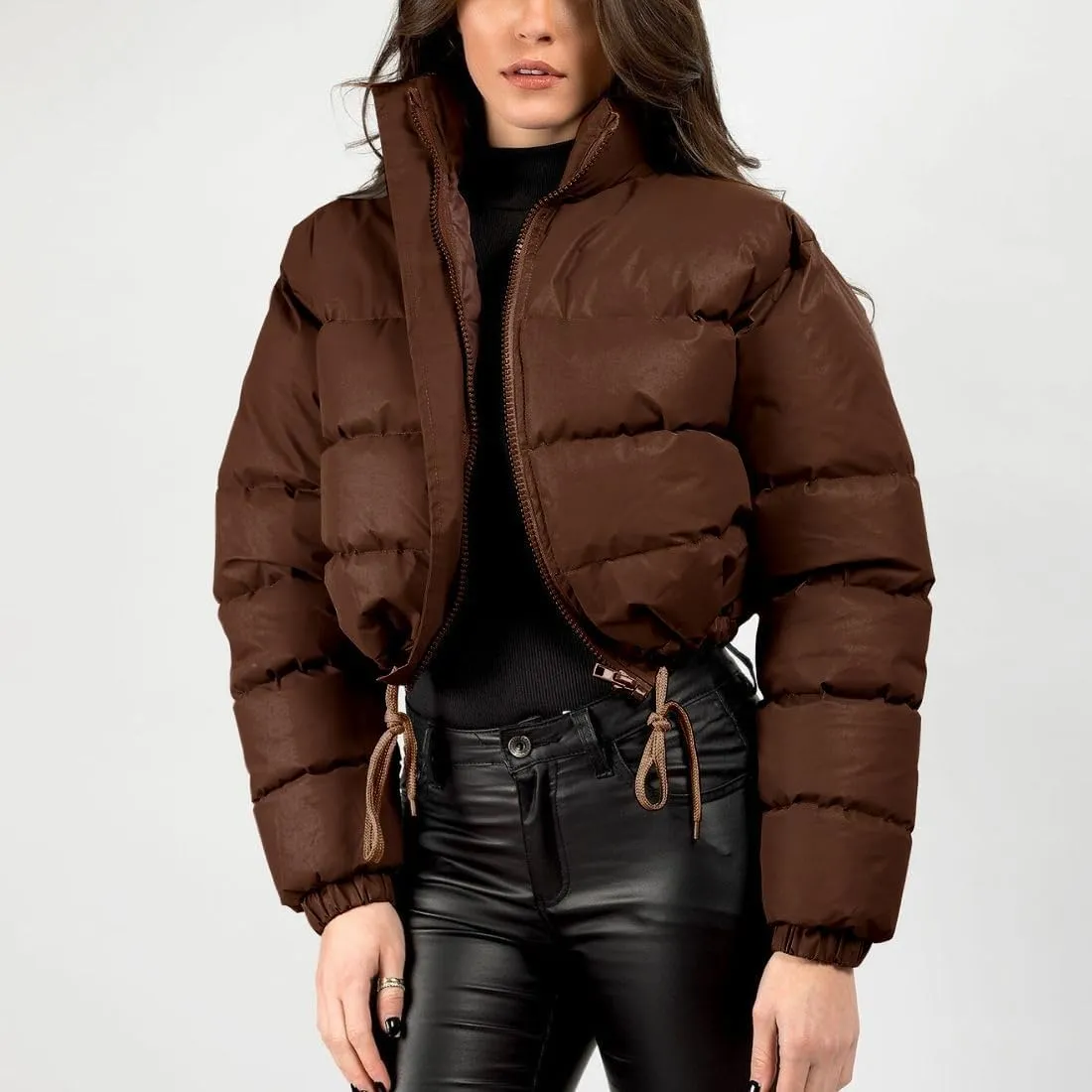 FindThy Womens Winter Cropped Puffer Jacket Classic Long Sleeve Stand Collar Padded Down Coats