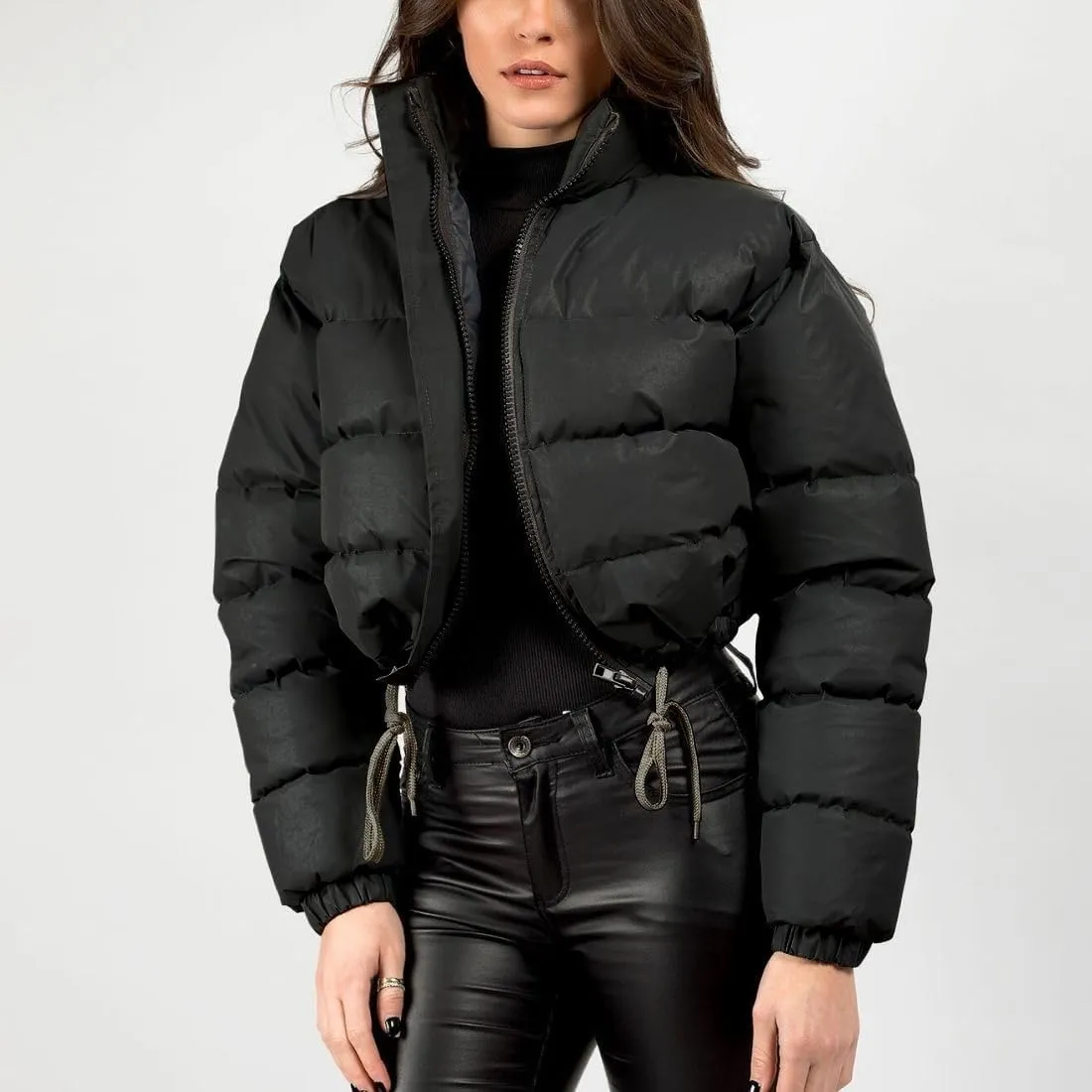 FindThy Womens Winter Cropped Puffer Jacket Classic Long Sleeve Stand Collar Padded Down Coats