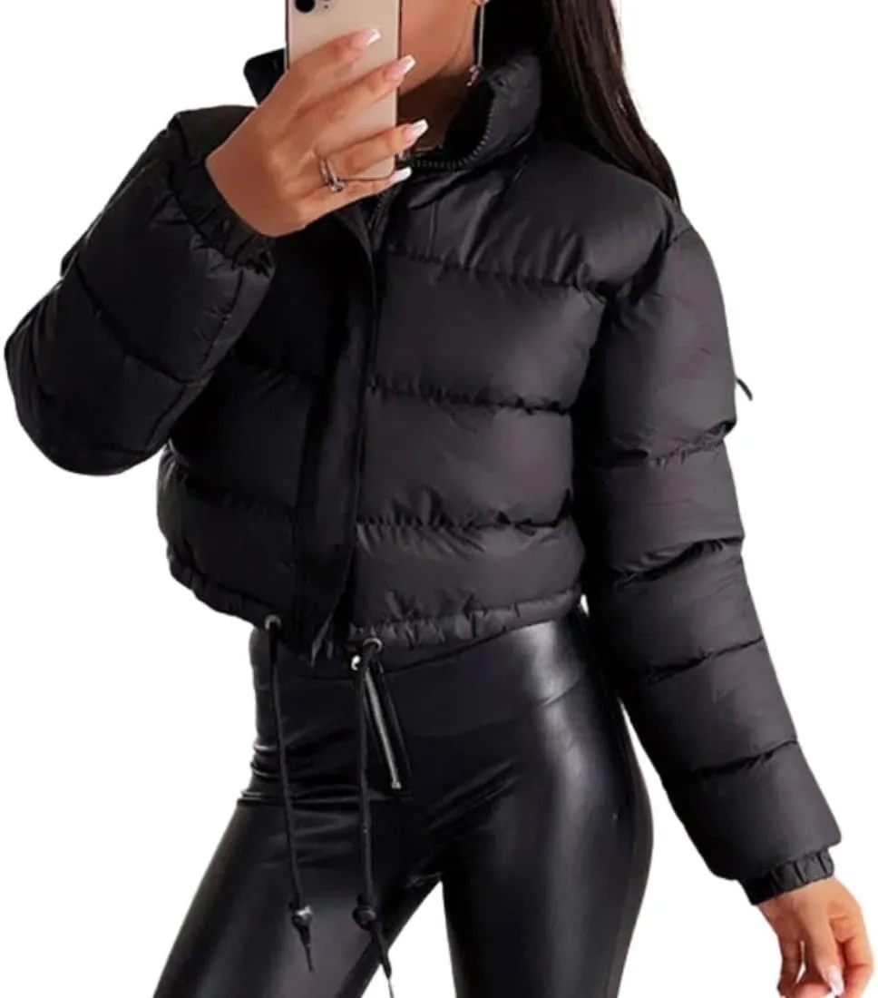 FindThy Womens Winter Cropped Puffer Jacket Classic Long Sleeve Stand Collar Padded Down Coats