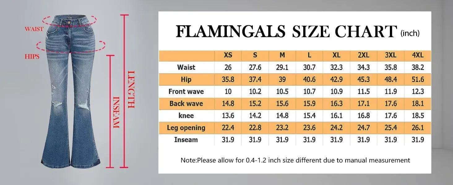 Flamingals Flare Bell Bottom Jeans for Women Raw Hem High Waist