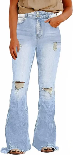 Flamingals Flare Bell Bottom Jeans for Women Raw Hem High Waist