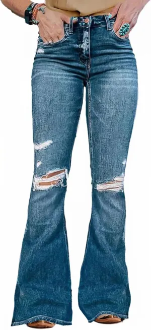 Flamingals Flare Bell Bottom Jeans for Women Raw Hem High Waist