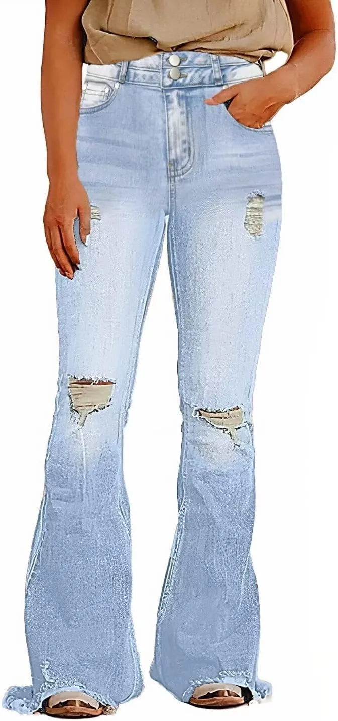 Flamingals Flare Bell Bottom Jeans for Women Raw Hem High Waist