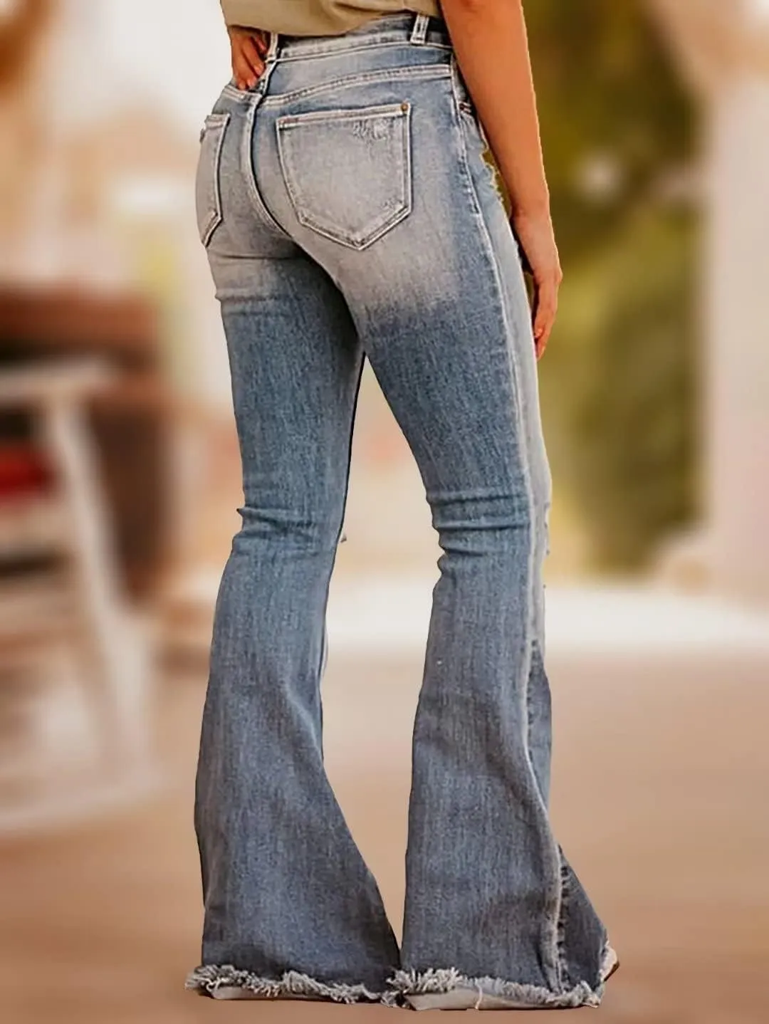 Flamingals Flare Bell Bottom Jeans for Women Raw Hem High Waist