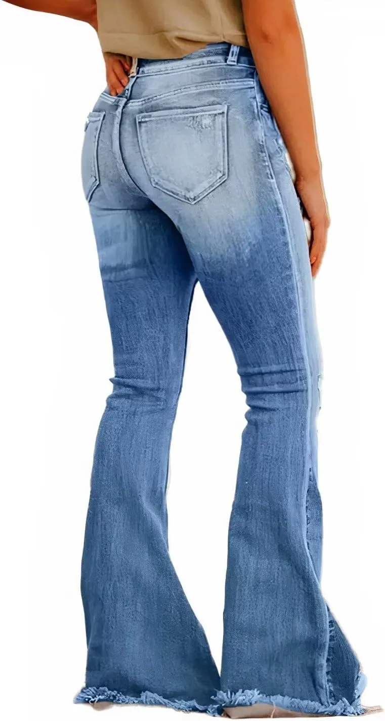 Flamingals Flare Bell Bottom Jeans for Women Raw Hem High Waist