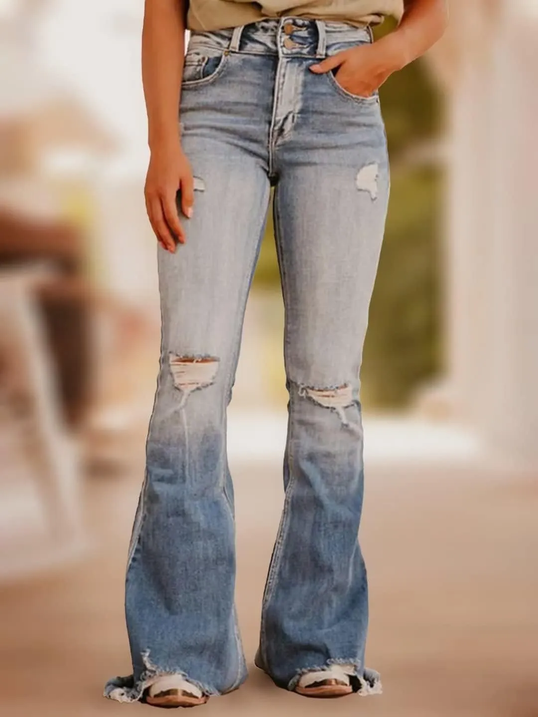 Flamingals Flare Bell Bottom Jeans for Women Raw Hem High Waist