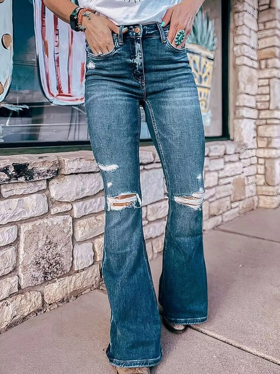 Flamingals Flare Bell Bottom Jeans for Women Raw Hem High Waist