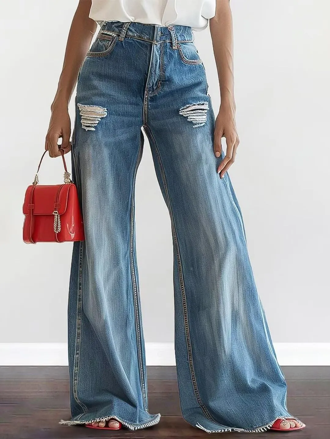 Flamingals High Waisted Wide Leg Jeans for Women Trendy Ripped Distressed Raw Hem Flare Baggy Jean