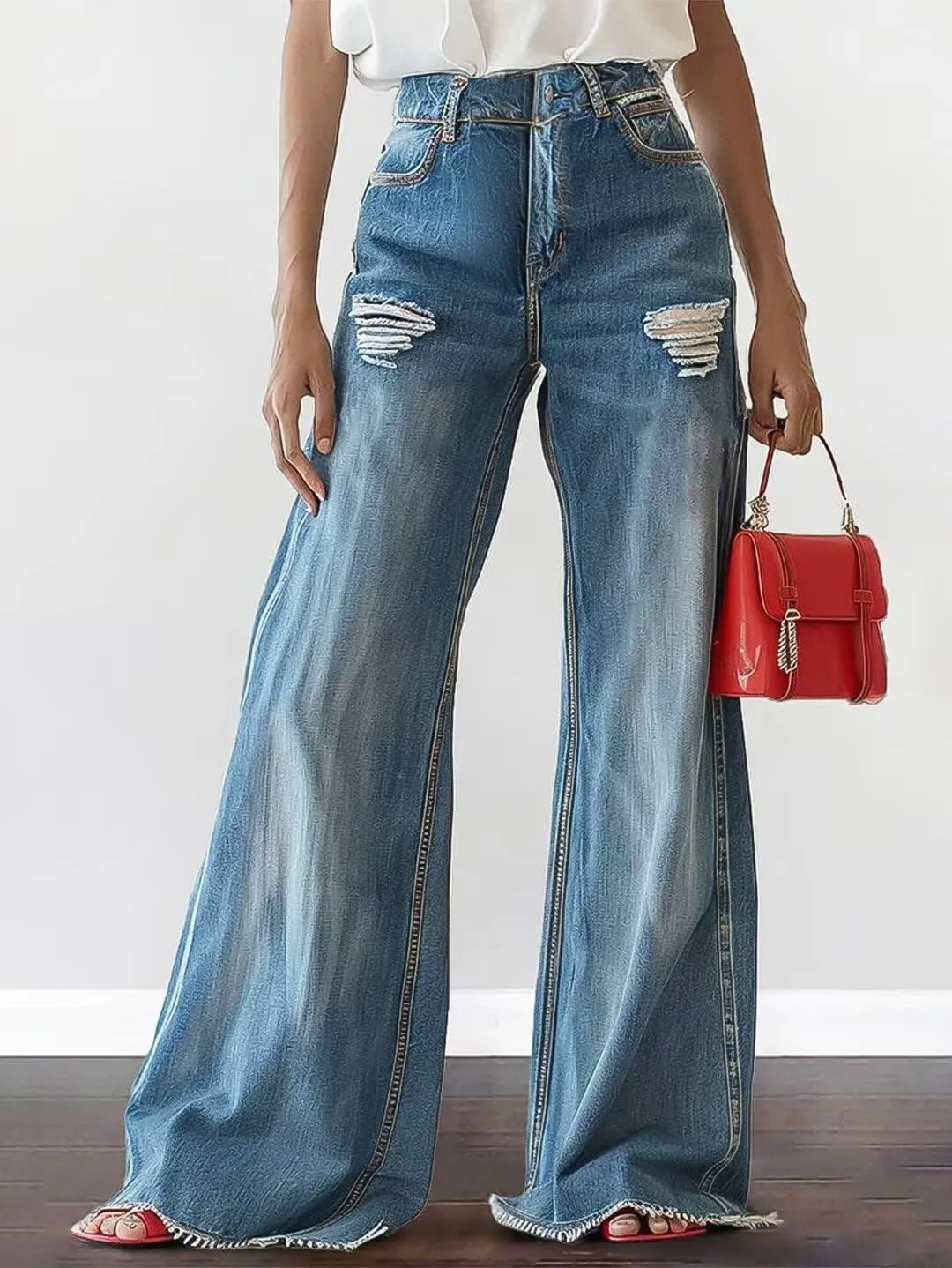 Flamingals High Waisted Wide Leg Jeans for Women Trendy Ripped Distressed Raw Hem Flare Baggy Jean