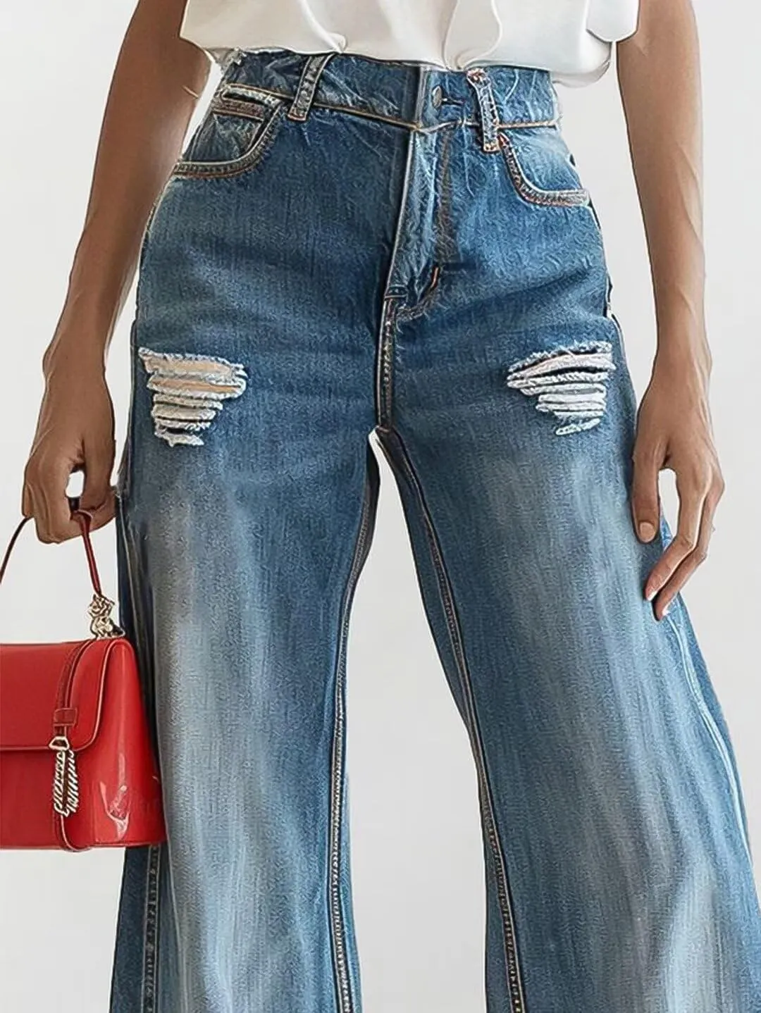 Flamingals High Waisted Wide Leg Jeans for Women Trendy Ripped Distressed Raw Hem Flare Baggy Jean