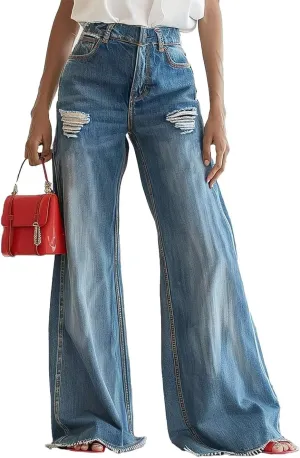 Flamingals High Waisted Wide Leg Jeans for Women Trendy Ripped Distressed Raw Hem Flare Baggy Jean