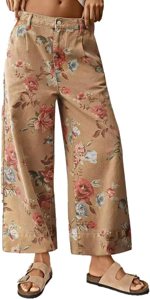 Flamingals Wide Leg Cropped Jeans for Women Trendy Mid Rise Floral Print Boho Casual Denim Ankle Pants
