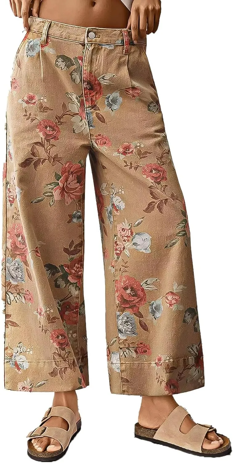 Flamingals Wide Leg Cropped Jeans for Women Trendy Mid Rise Floral Print Boho Casual Denim Ankle Pants