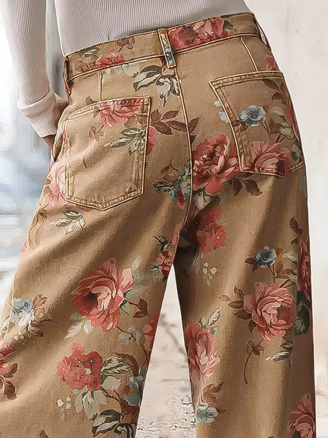 Flamingals Wide Leg Cropped Jeans for Women Trendy Mid Rise Floral Print Boho Casual Denim Ankle Pants