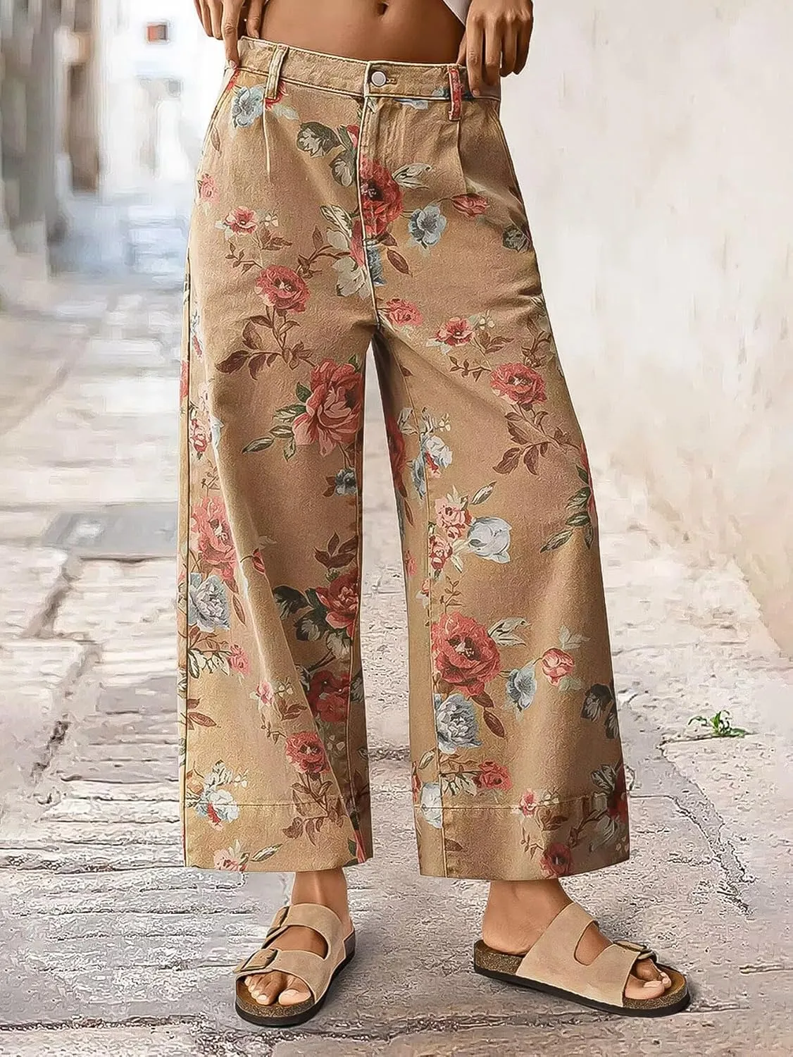 Flamingals Wide Leg Cropped Jeans for Women Trendy Mid Rise Floral Print Boho Casual Denim Ankle Pants