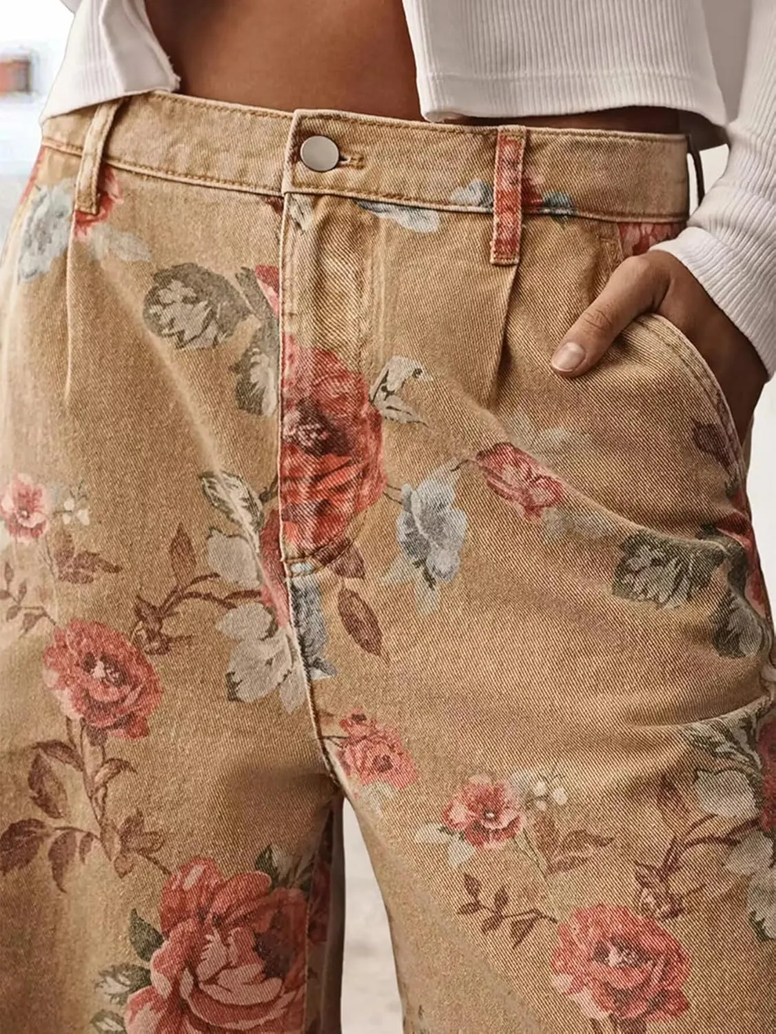 Flamingals Wide Leg Cropped Jeans for Women Trendy Mid Rise Floral Print Boho Casual Denim Ankle Pants