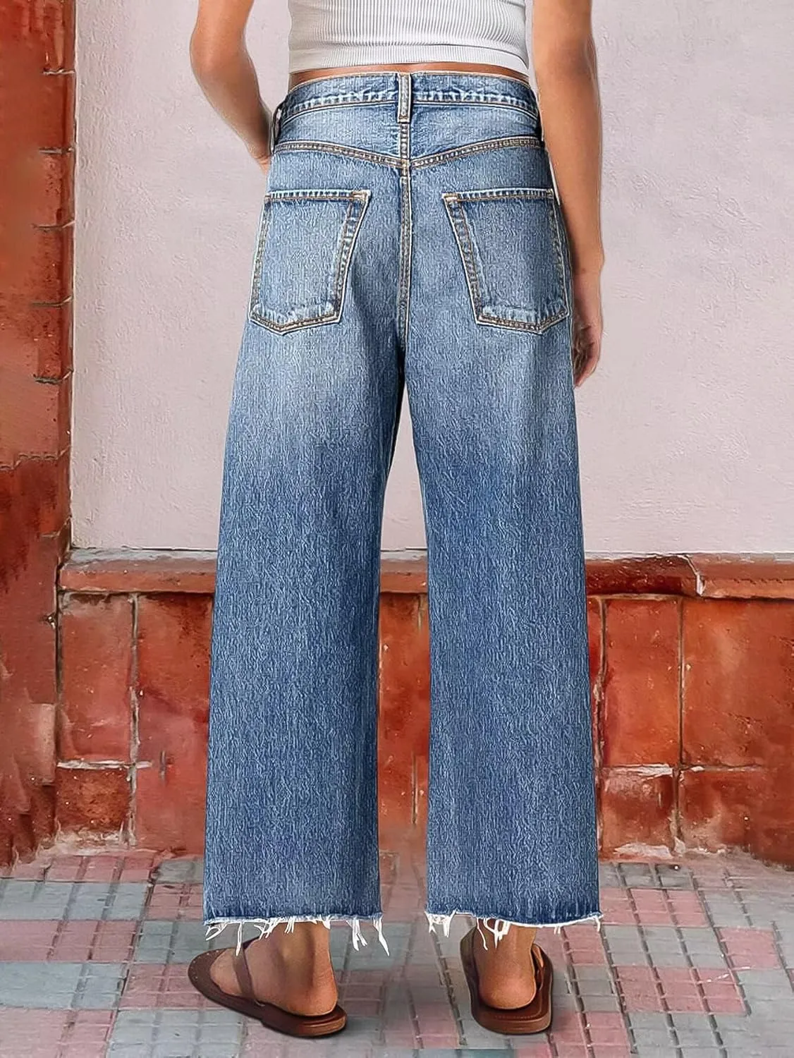 Flamingals Wide Leg Cropped Jeans for Women Trendy Mid Rise Ripped Raw Hem Wash Baggy Casual Ankle Denim Pants