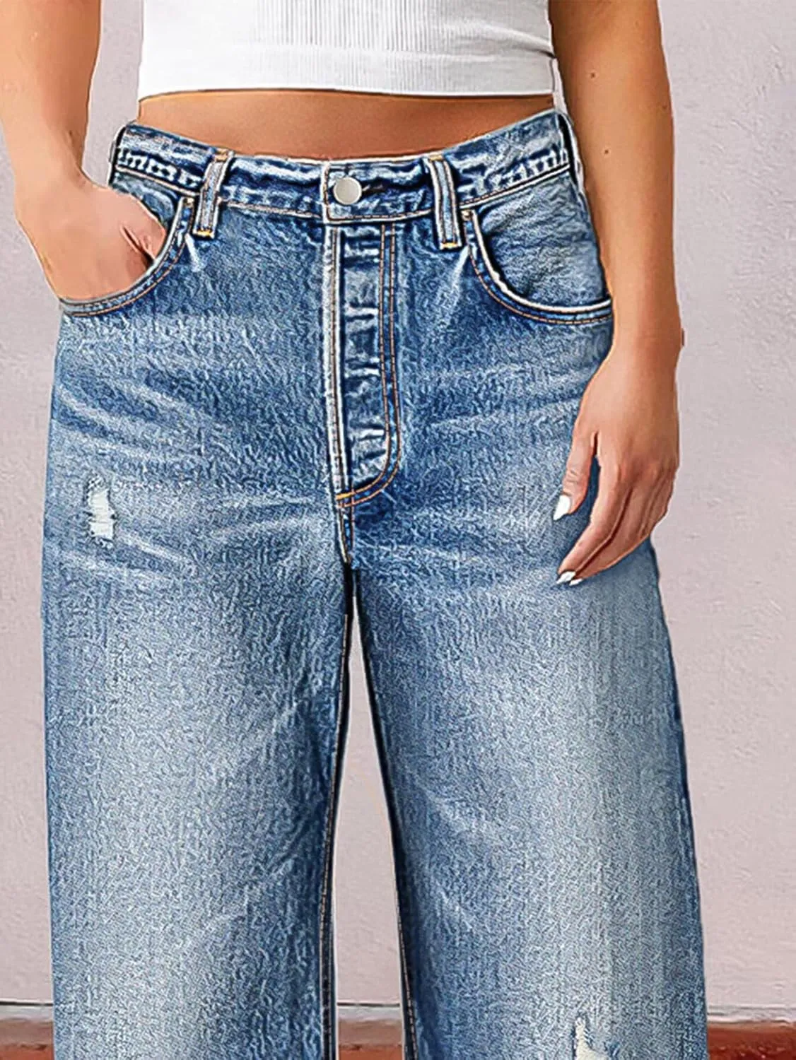 Flamingals Wide Leg Cropped Jeans for Women Trendy Mid Rise Ripped Raw Hem Wash Baggy Casual Ankle Denim Pants