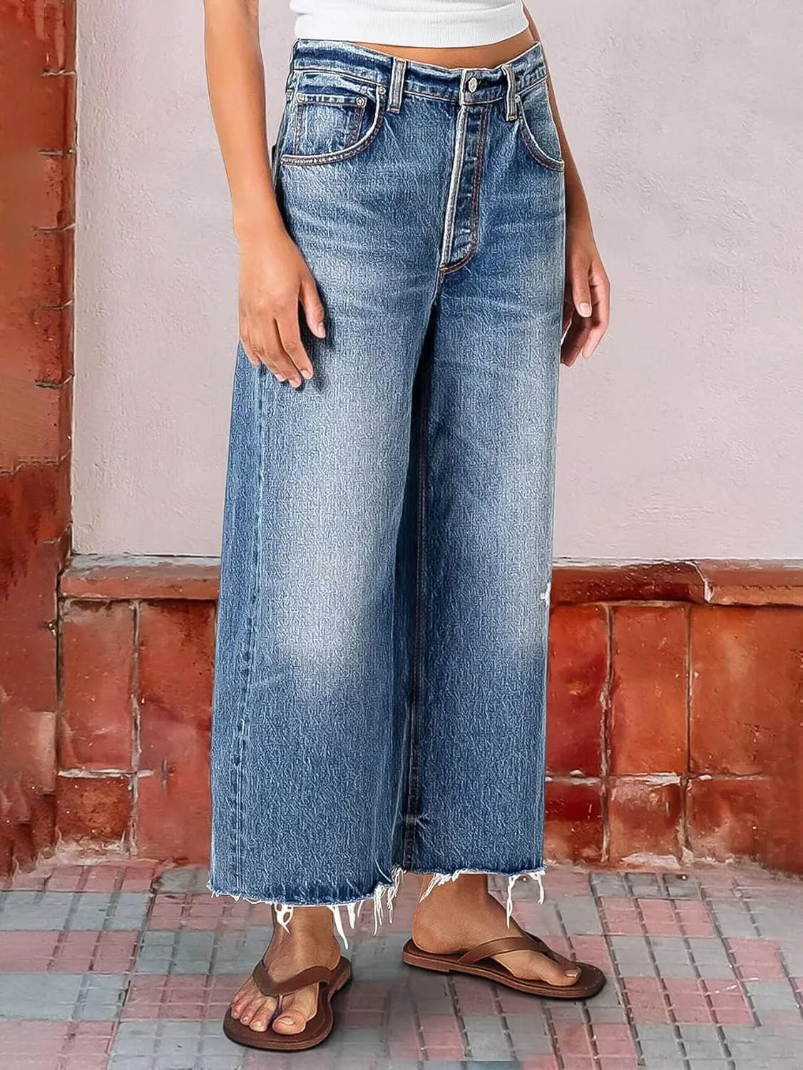 Flamingals Wide Leg Cropped Jeans for Women Trendy Mid Rise Ripped Raw Hem Wash Baggy Casual Ankle Denim Pants