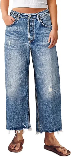 Flamingals Wide Leg Cropped Jeans for Women Trendy Mid Rise Ripped Raw Hem Wash Baggy Casual Ankle Denim Pants