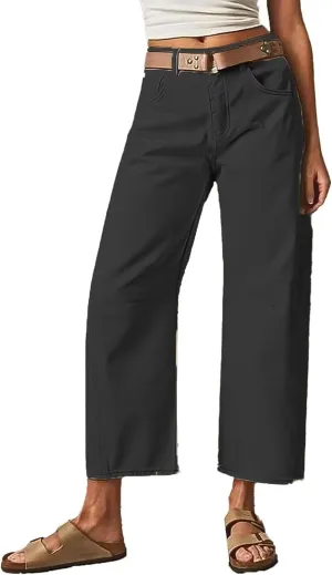 Flamingals Womens Mid Waist Crop Straight Leg Jeans with Solid Stitch Detail Casual Fashion Trendy Denim Pants